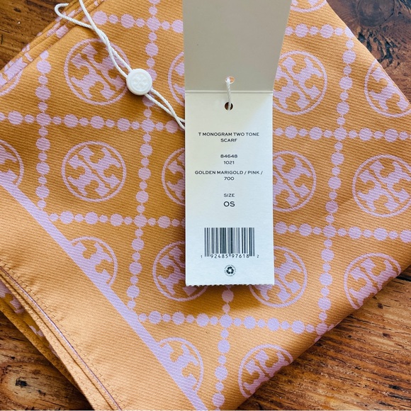 NWT Tory Burch T Monogram Two Tone Scarf - Golden Marigold & Pink - Picture 5 of 5